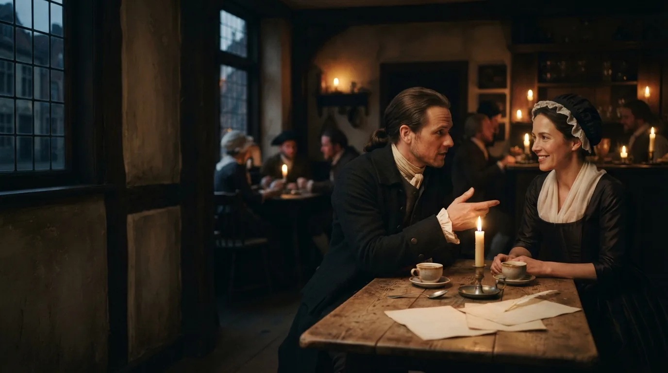 People exchanging ideas inside an eighteenth-century London coffeehouse